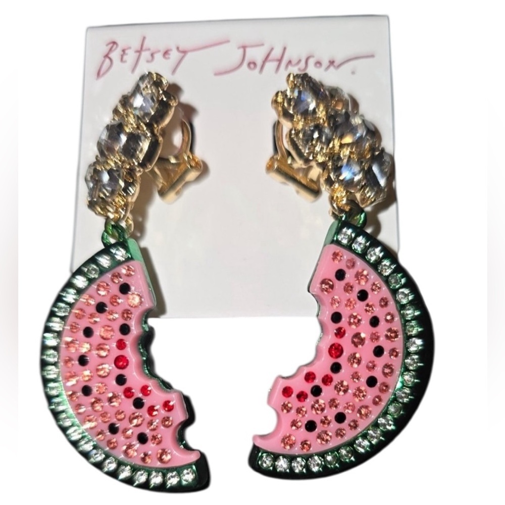 BETSEY JOHNSON Crystal-Accented Watermelon Slice Garden Glam Dangle Earrings NWT - Picture 5 of 10